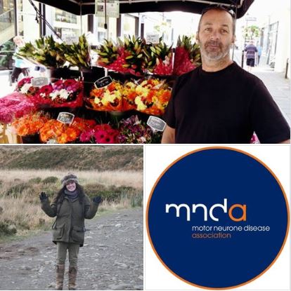 Collage from top to bottom right - Mark Morris, the Flowerman next to his flower stall, Alex Edwards and logo for Motor Neurone Disease Association